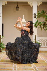 Navratri Special Black Color  Bandhani Print Gown with Gamathi & Real Mirror Work